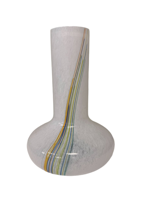 Kosta Boda (Sweden) "Rainbow 48226" large white vase with colourful threads designed by Bertil Vallien