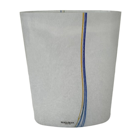 Kosta Boda (Sweden) "Rainbow 48226" large white vase with colourful threads designed by Bertil Vallien