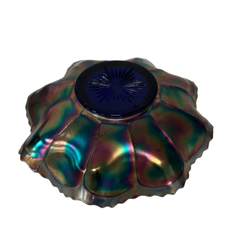 Fenton (United States) carnival glass blue grape and cable spatula footed bowl