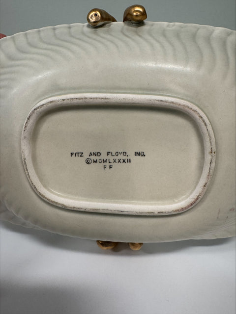 Fitz and Floyd (Japan) Open Handled Basket, Embossed Ribbing, bamboo-like handle, 1982 Pattern, Scalloped Rim