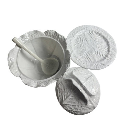 Bordallo Pinheiro (Portugal) extra large white cabbage leaf lidded tureen with ladle and underplate