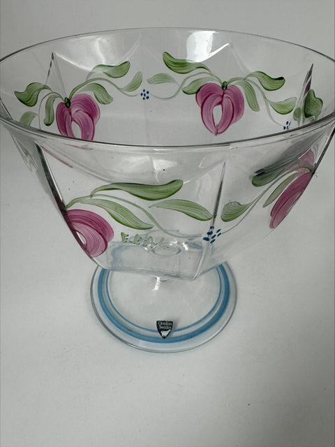 Orrefors "Maya" pedestal bowl, designed by Eva England, hand painted floral design