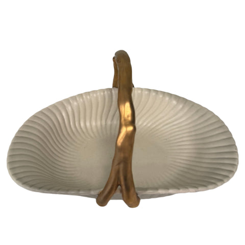 Fitz and Floyd (Japan) Open Handled Basket, Embossed Ribbing, bamboo-like handle, 1982 Pattern, Scalloped Rim