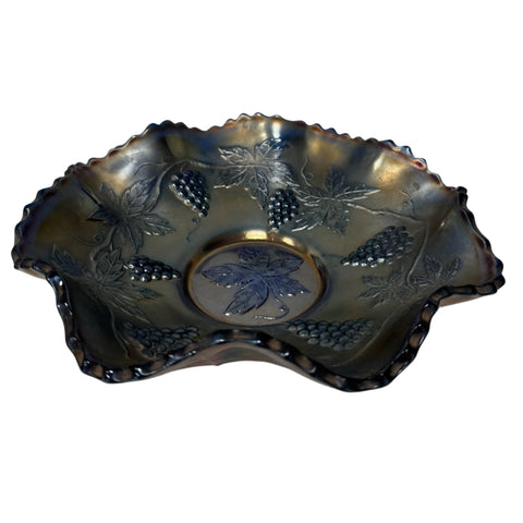 Fenton (United States) carnival glass blue grape and cable spatula footed bowl