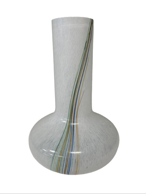 Kosta Boda (Sweden) "Rainbow 48226" large white vase with colourful threads designed by Bertil Vallien