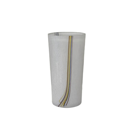 Kosta Boda (Sweden) "Rainbow" large white vase with colourful threads designed by Bertil Vallien