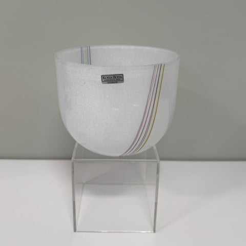 Kosta Boda (Sweden) "Rainbow" medium sized white vase with colourful threads designed by Bertil Vallien