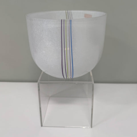 Kosta Boda (Sweden) "Rainbow" medium sized white vase with colourful threads designed by Bertil Vallien