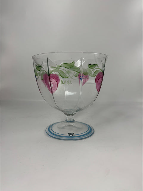 Orrefors "Maya" pedestal bowl, designed by Eva England, hand painted floral design
