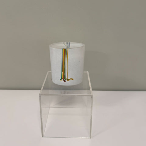 Kosta Boda (Sweden) "Rainbow" small white vase with colourful threads designed by Bertil Vallien
