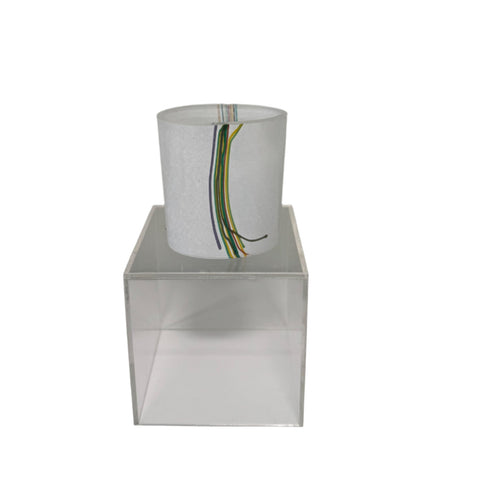 Kosta Boda (Sweden) "Rainbow" small white vase with colourful threads designed by Bertil Vallien