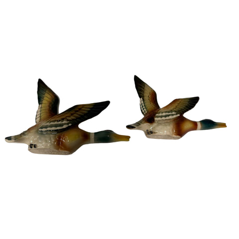 Set of two vintage hand painted graduating wall ducks etched underneath with F010 and F011