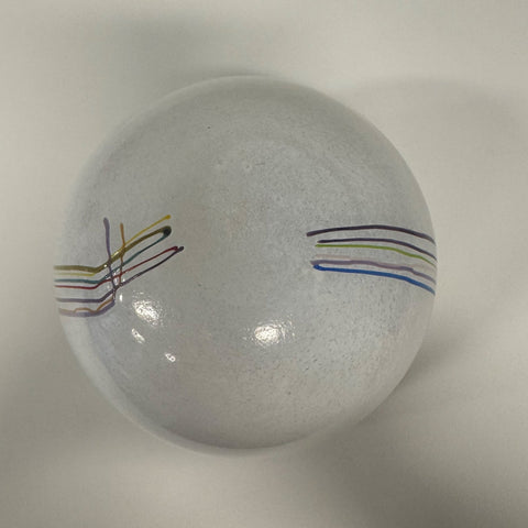 Kosta Boda (Sweden) "Rainbow" medium sized white vase with colourful threads designed by Bertil Vallien
