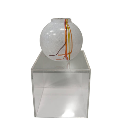 Kosta Boda (Sweden) "Rainbow" miniature white vase with colourful threads designed by Bertil Vallien
