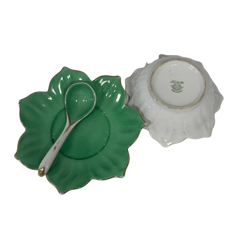 Noritake (Japan) green floral petal porcelain bowl saucer and spoon set