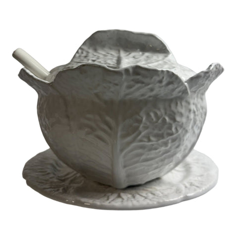 Bordallo Pinheiro (Portugal) extra large white cabbage leaf lidded tureen with ladle and underplate