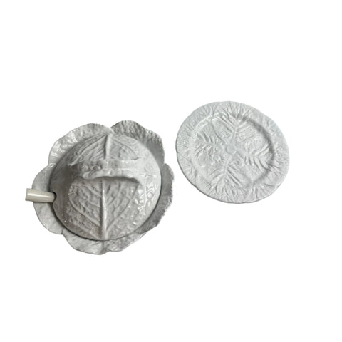 Bordallo Pinheiro (Portugal) extra large white cabbage leaf lidded tureen with ladle and underplate