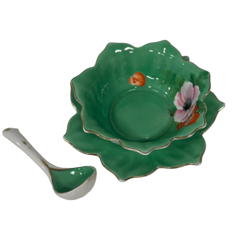 Noritake (Japan) green floral petal porcelain bowl saucer and spoon set