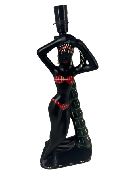 Barsony ceramic lamp, lady leaning on palm tree, with red and black shade. Height 75 cm.