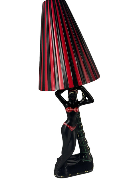 Barsony ceramic lamp, lady leaning on palm tree, with red and black shade. Height 75 cm.