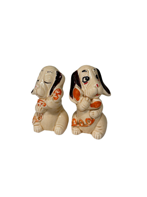 Dog holding a telephone salt and pepper shakers