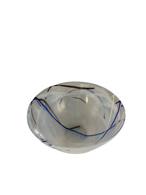 Kosta Boda (Sweden) "Contrast" heavy white with black and blue swirl pattern bowl designed by Anna Erhner