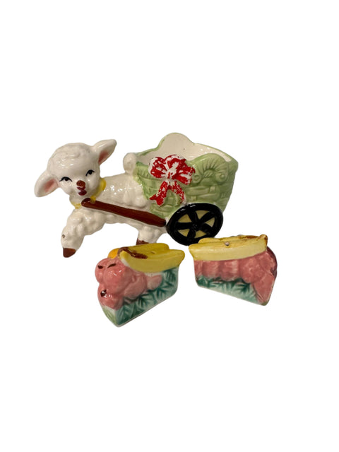 Vintage (Japan) Sheep pulling a wagon carrying fruit salt and pepper shakers