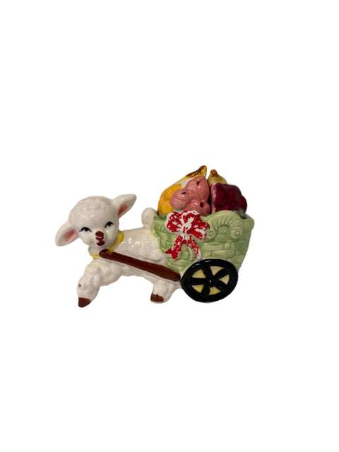 Vintage (Japan) Sheep pulling a wagon carrying fruit salt and pepper shakers