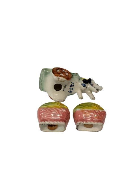 Vintage (Japan) Donkey pulling a wagon carrying two hay bales salt and pepper shakers