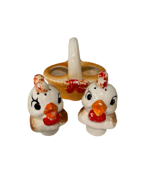 Vintage basket with chicken salt and pepper shakers