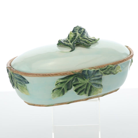 Fitz and Floyd (England) "Caprese Market" light blue with leaf handles casserole with lid Servingware Coco Retrotique