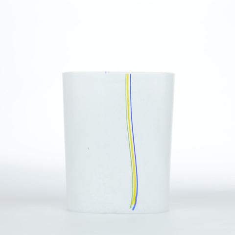 Kosta Boda (Sweden) "Rainbow 48226" small white vase with colourful threads designed by Bertil Vallien Glass Coco Retrotique