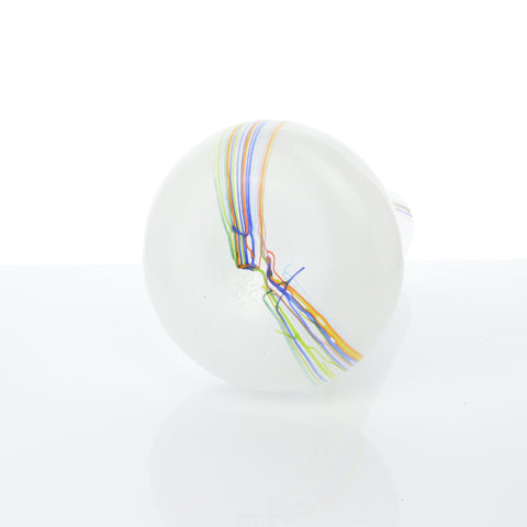 Kosta Boda (Sweden) "Rainbow 48287" small white round with tall neck vase with colourful threads designed by Bertil Vallien Glass Coco Retrotique