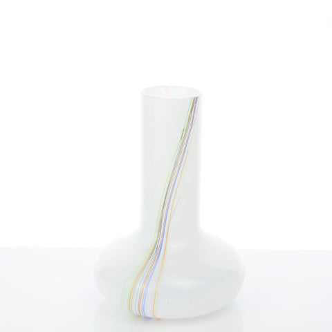 Kosta Boda (Sweden) "Rainbow 48287" small white round with tall neck vase with colourful threads designed by Bertil Vallien Glass Coco Retrotique