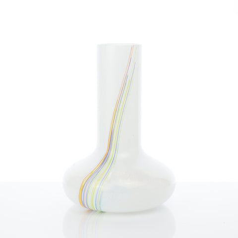 Kosta Boda (Sweden) "Rainbow 48287" small white round with tall neck vase with colourful threads designed by Bertil Vallien Glass Coco Retrotique