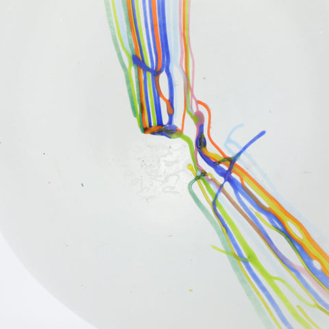 Kosta Boda (Sweden) "Rainbow 48287" small white round with tall neck vase with colourful threads designed by Bertil Vallien Glass Coco Retrotique