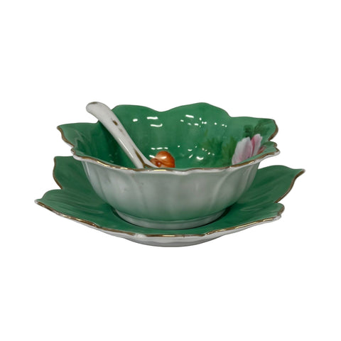 Noritake (Japan) green floral petal porcelain bowl saucer and spoon set
