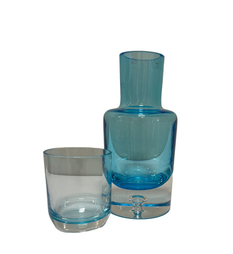 Krosno (Poland) tumble up blue bedside decanter with pitcher set