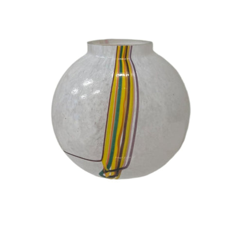 Kosta Boda (Sweden) "Rainbow" miniature white vase with colourful threads designed by Bertil Vallien