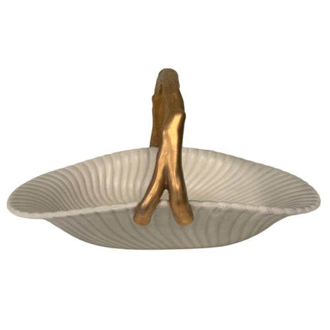 Fitz and Floyd (Japan) Open Handled Basket, Embossed Ribbing, bamboo-like handle, 1982 Pattern, Scalloped Rim