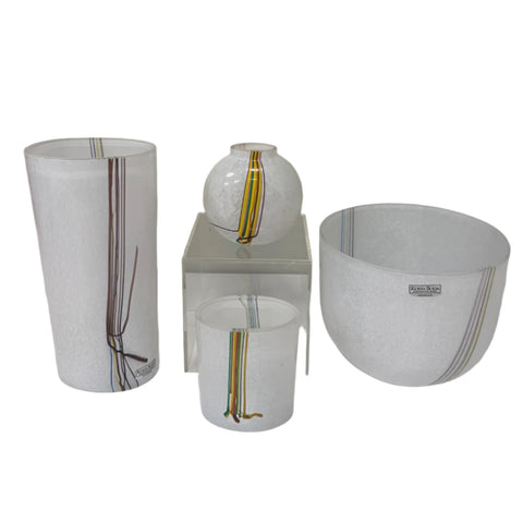 Kosta Boda (Sweden) "Rainbow" medium sized white vase with colourful threads designed by Bertil Vallien