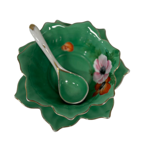 Noritake (Japan) green floral petal porcelain bowl saucer and spoon set